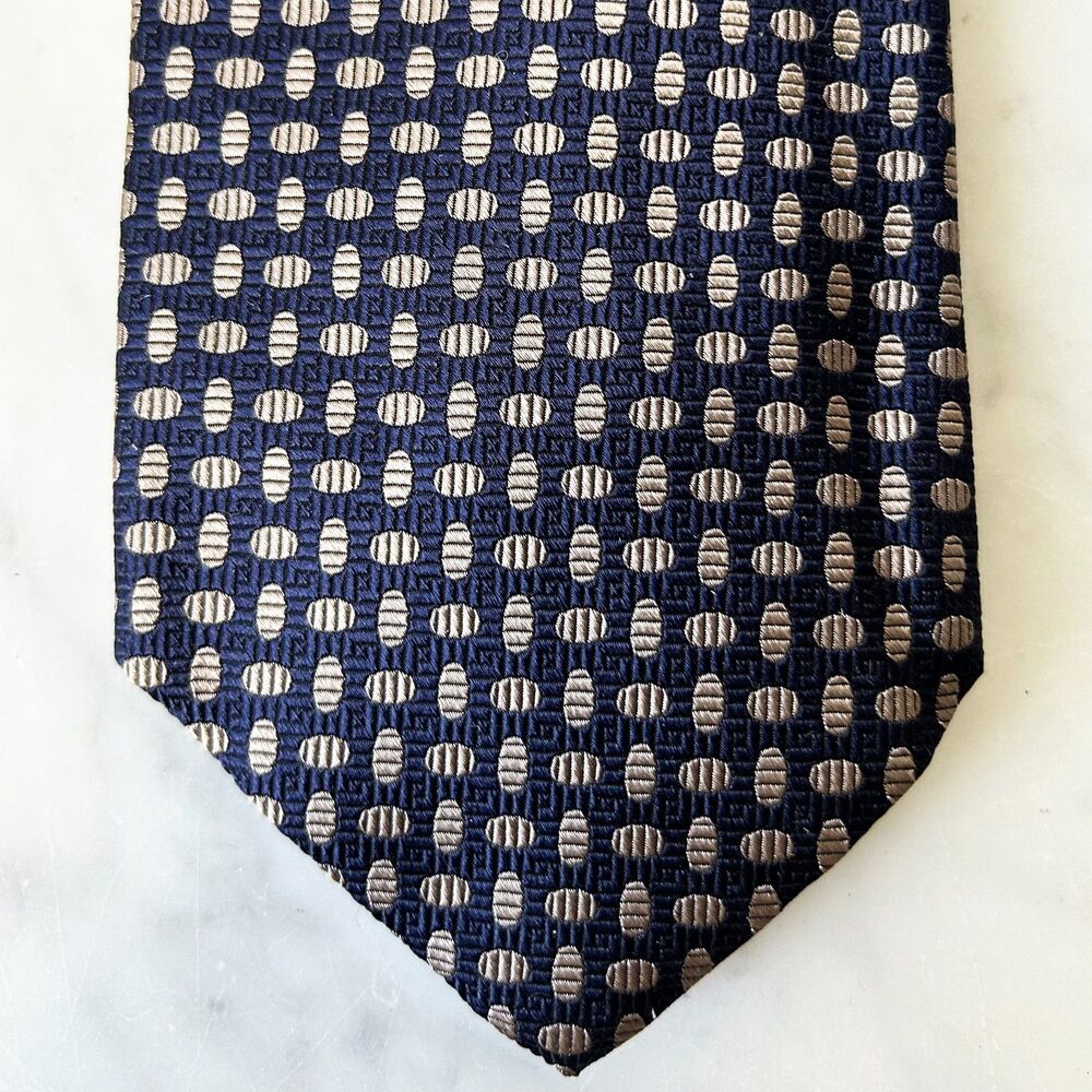 Lands' End Navy Blue  Tan Print Men's Silk Neck Tie  NEW